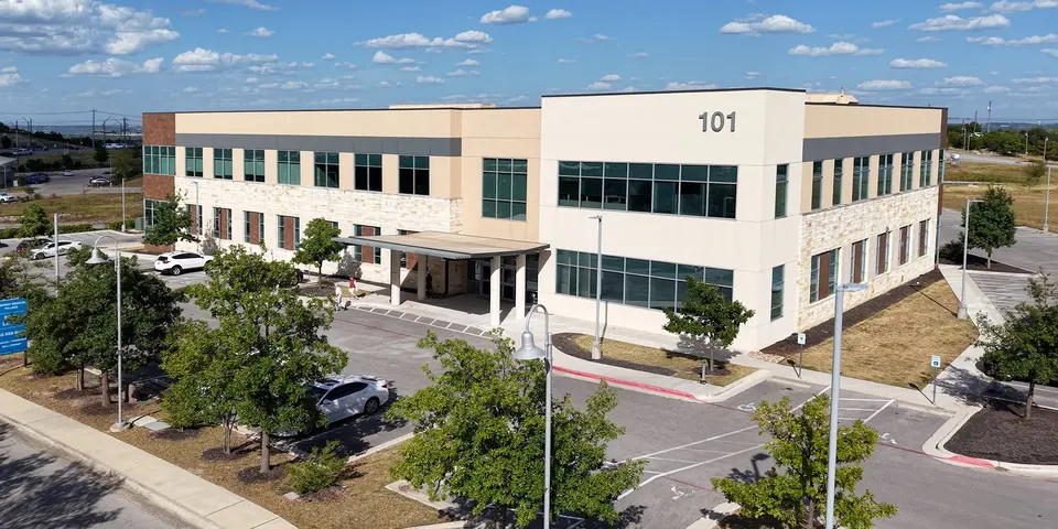 Aerial view of the two-story medical office building at 101 Medical Parkway in Lakeway that houses ATX Hyperbarics