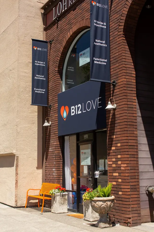 B12 LOVE Montclair storefront with banners and outdoor seating