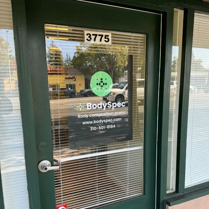 Entrance door at 3775 El Camino Real with BodySpec decal, Palo Alto