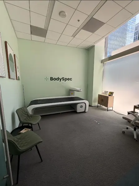 Scan room with DEXA table by the window at BodySpec SF Rincon Hill
