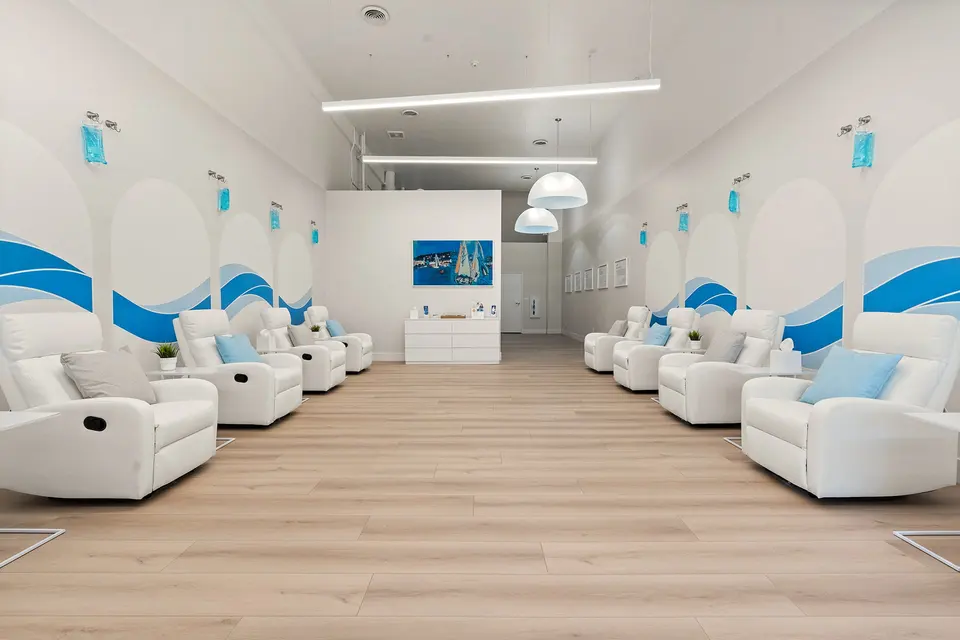 IV lounge with rows of white recliners at Hydration Room Almaden