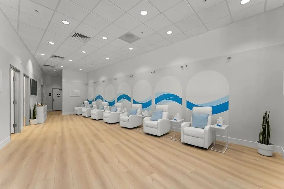IV lounge lined with white recliners at Hydration Room Mill Valley