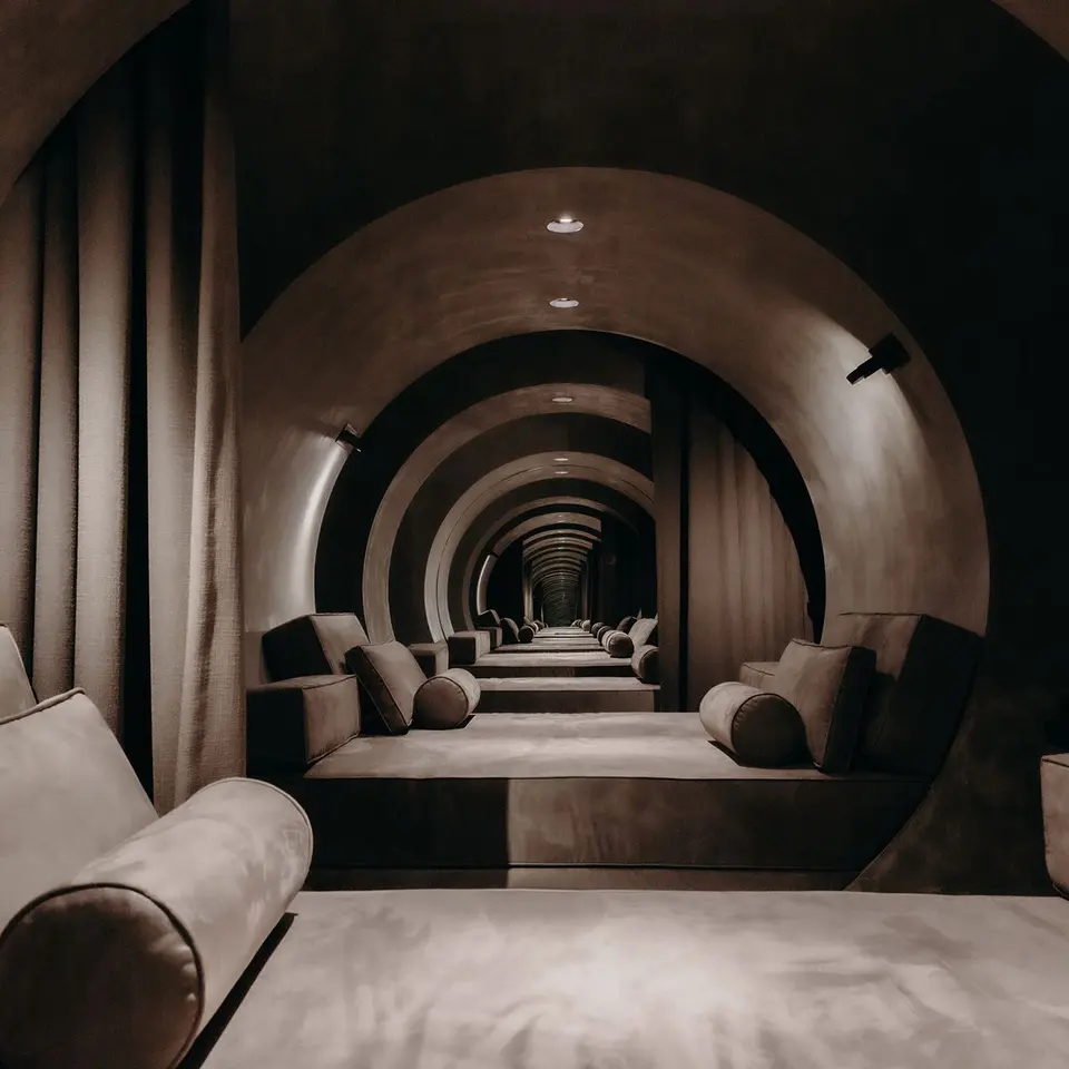 Arched tunnel-like lounge lined with upholstered daybeds and bolster cushions at Remedy Place Flatiron