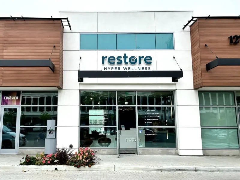 Storefront with Restore Hyper Wellness signage in Marina del Rey