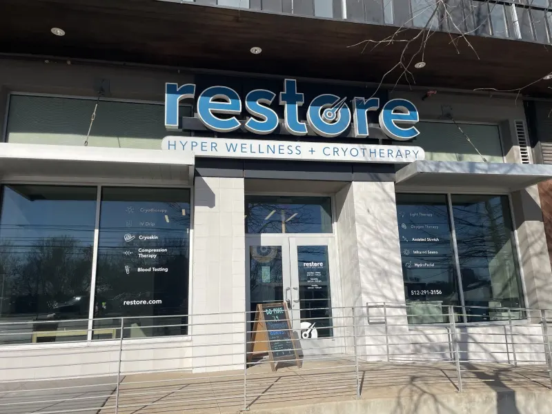Restore Hyper Wellness + Cryotherapy storefront and entrance on South Lamar